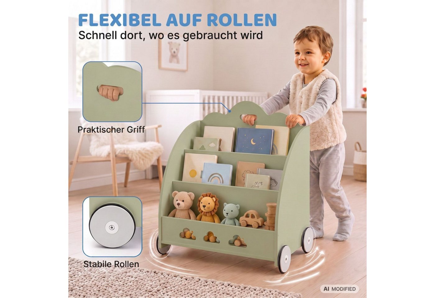 Coemo Standregal BOOKIE, Aufbewahrungsrollwagen Holz, Bücherregal & Spielzeugkiste in Mintgrün Bild 5