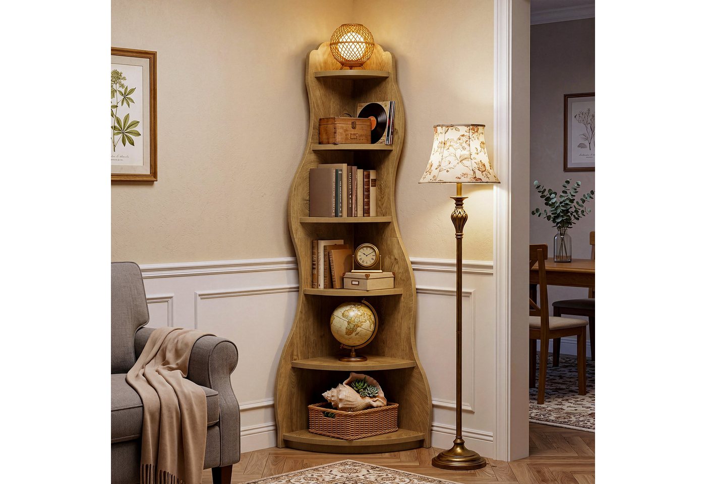 Tribesigns Eckregal 6-stufiges Ecke Bücherregal, 175cm Standregal Aufbewahrungsregal, Wellen-Design Bücherregal aus Holz