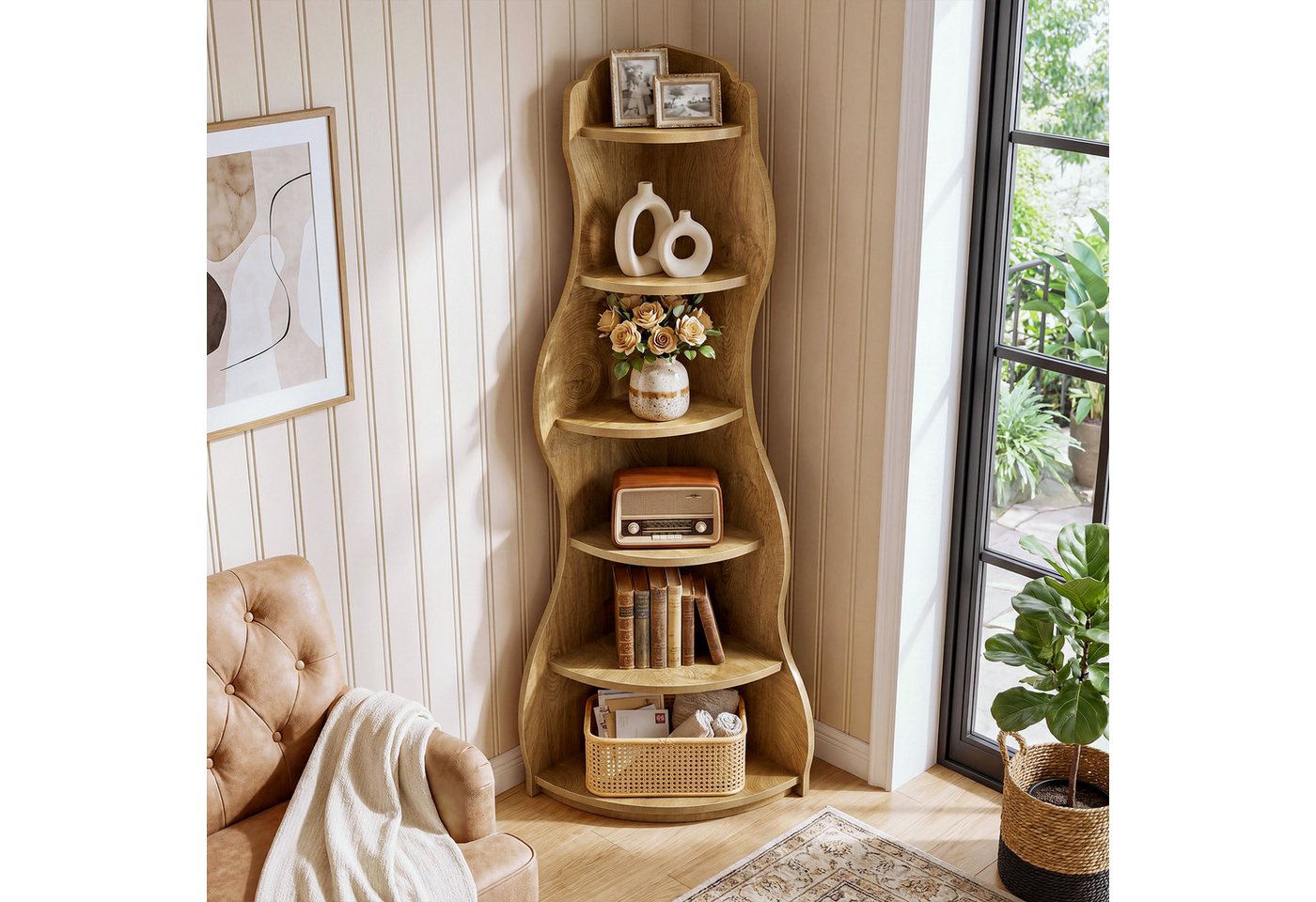 Tribesigns Eckregal 6-stufiges Ecke Bücherregal, 175cm Standregal Aufbewahrungsregal, Wellen-Design Bücherregal aus Holz Bild 3