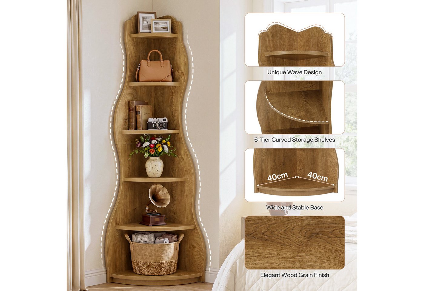 Tribesigns Eckregal 6-stufiges Ecke Bücherregal, 175cm Standregal Aufbewahrungsregal, Wellen-Design Bücherregal aus Holz Bild 5