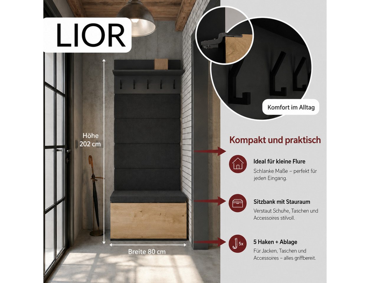 ibonto Garderobenschrank Garderoben-Set Flurgarderobe mit Schuhschrank, gepolsterter Sitzbank Bild 4