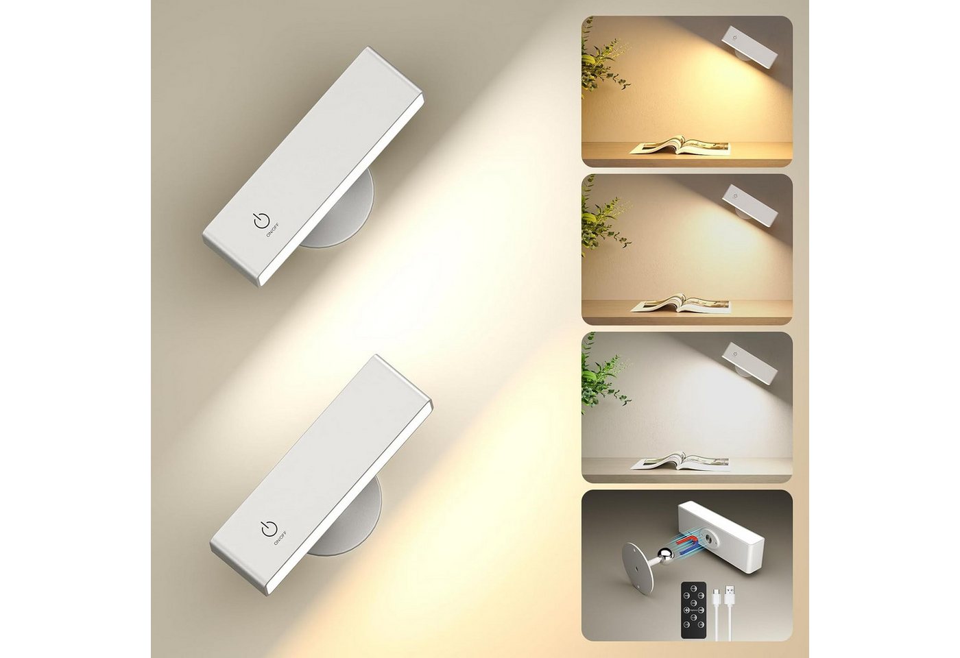Futicare LED Leselampe Wandleuchte Akku, ohne Stromanschluss, 4000mAh, dimmbar, 3 Farbtemperaturen, 360° drehbar, mit Fernbedienung, 2er Set