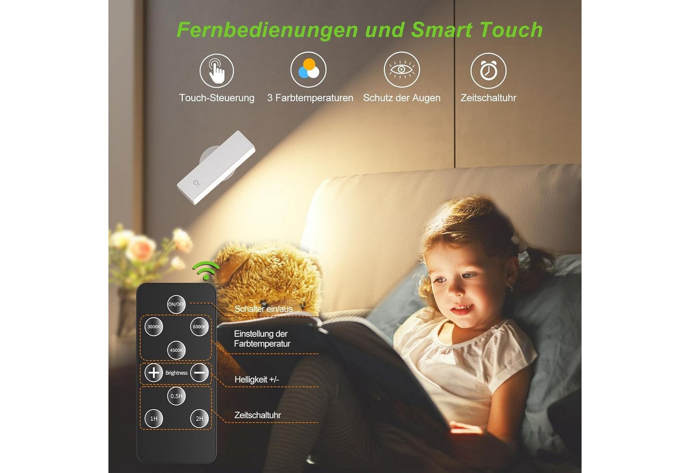 Futicare LED Leselampe Wandleuchte Akku, ohne Stromanschluss, 4000mAh, dimmbar, 3 Farbtemperaturen, 360° drehbar, mit Fernbedienung, 2er Set Bild 3