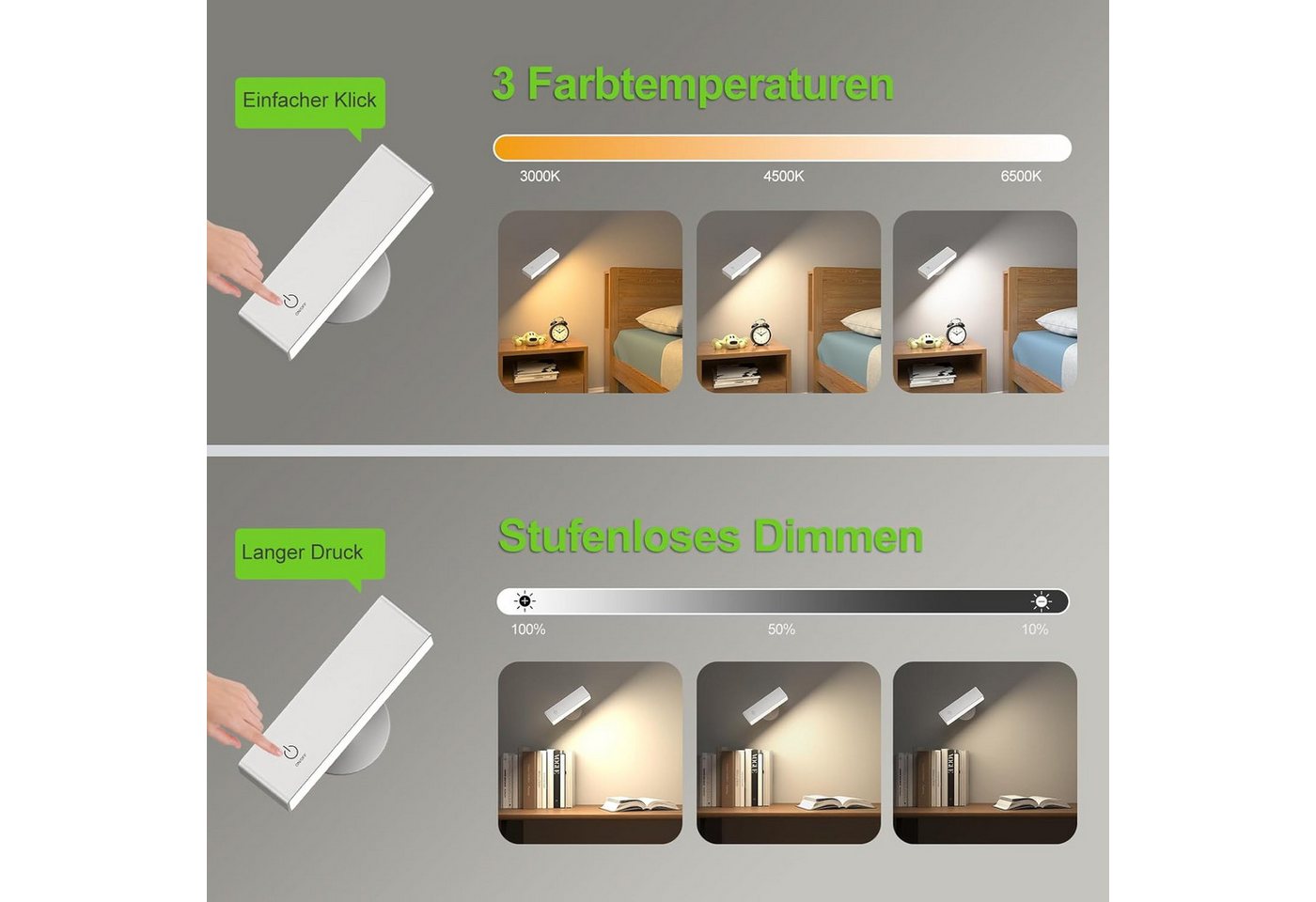 Futicare LED Leselampe Wandleuchte Akku, ohne Stromanschluss, 4000mAh, dimmbar, 3 Farbtemperaturen, 360° drehbar, mit Fernbedienung, 2er Set Bild 5
