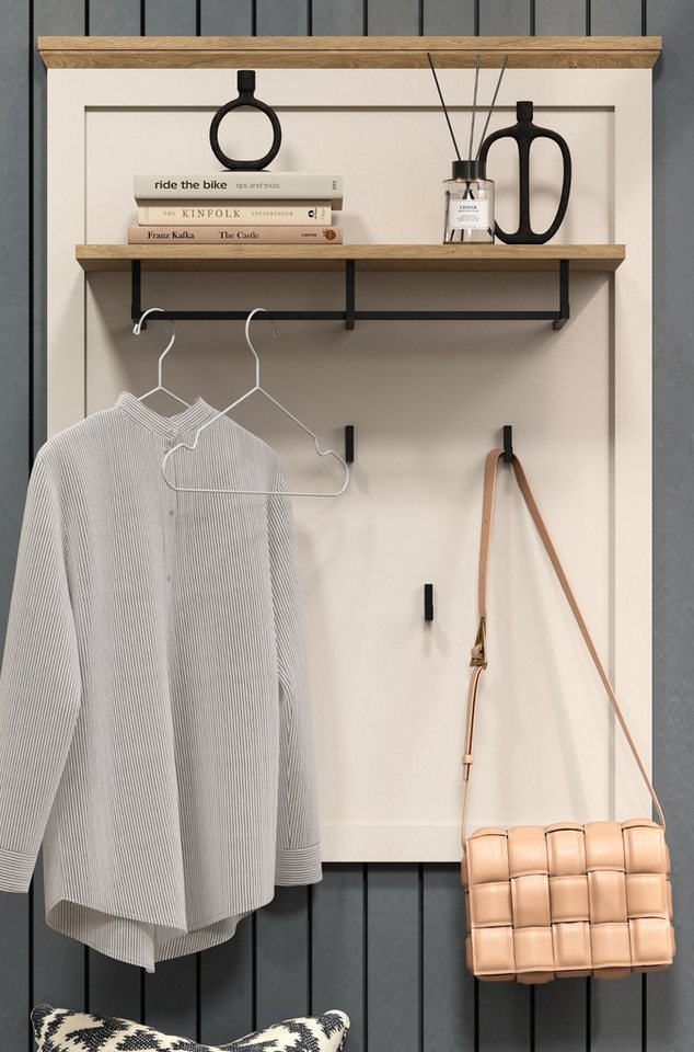 Furn.Design Garderobenpaneel Cozy (Wandgarderobe in Kaschmir mit Eiche, 8 Haken, 76 x 100 cm), stabile Metall-Kleiderstange