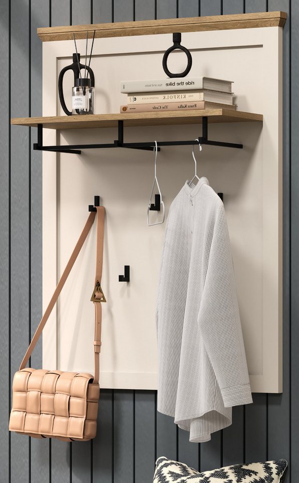 Furn.Design Garderobenpaneel Cozy (Wandgarderobe in Kaschmir mit Eiche, 8 Haken, 76 x 100 cm), stabile Metall-Kleiderstange Bild 2