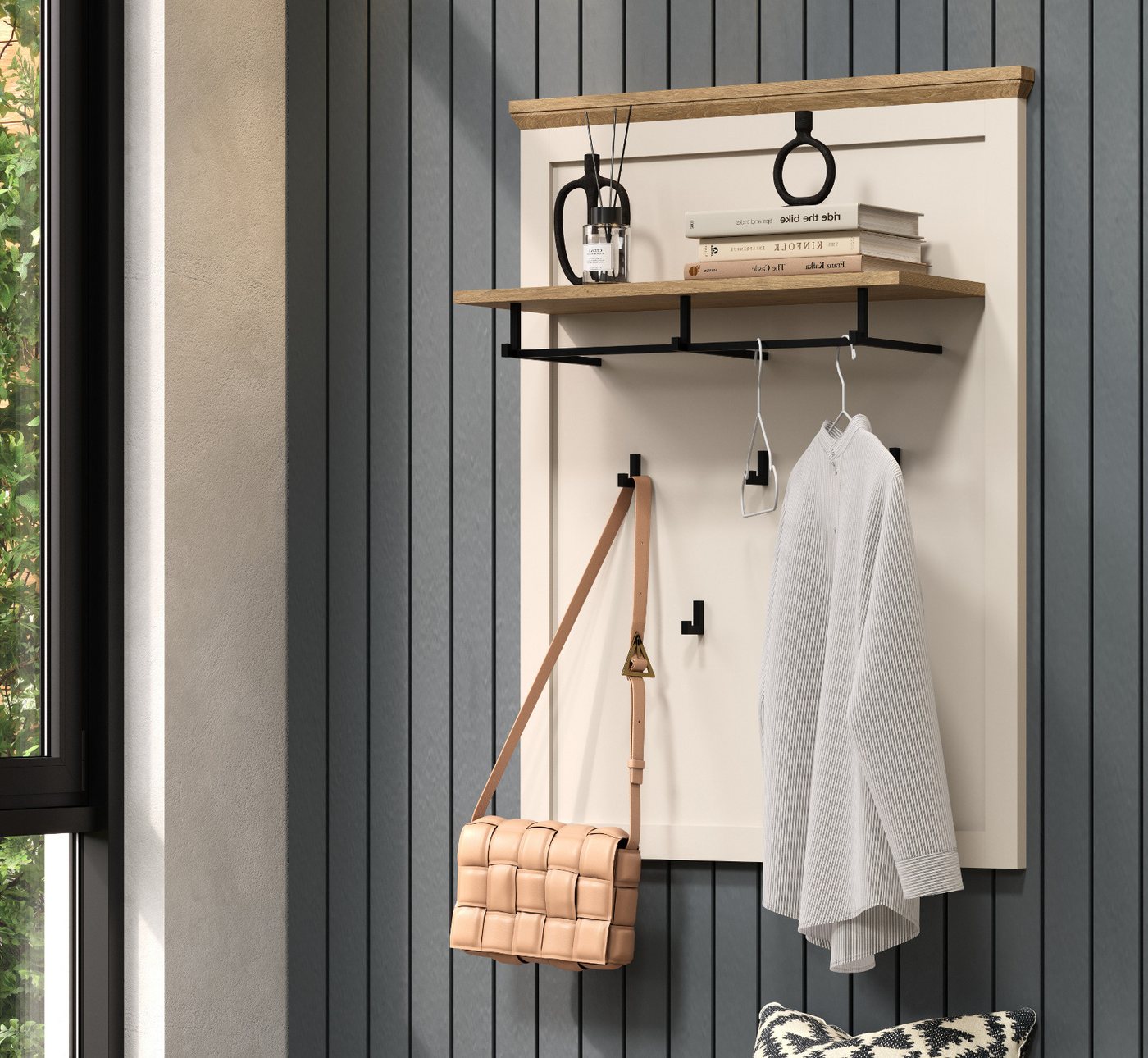Furn.Design Garderobenpaneel Cozy (Wandgarderobe in Kaschmir mit Eiche, 8 Haken, 76 x 100 cm), stabile Metall-Kleiderstange Bild 5