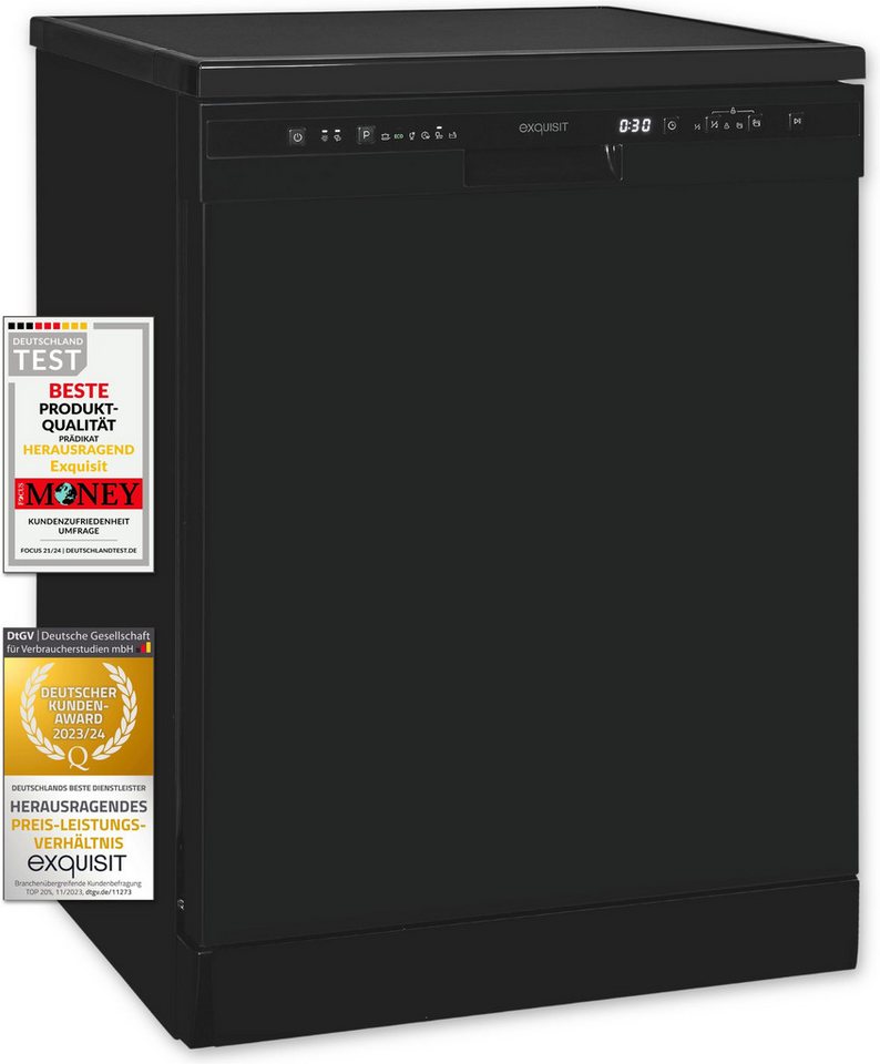 exquisit Standgeschirrspüler GSP6312-030C schwarz, 9,8 l, 12 Maßgedecke, 12 Maßgedecke, 6 Programme, LED, Besteckkorb, Auto Door Open, AquaStop