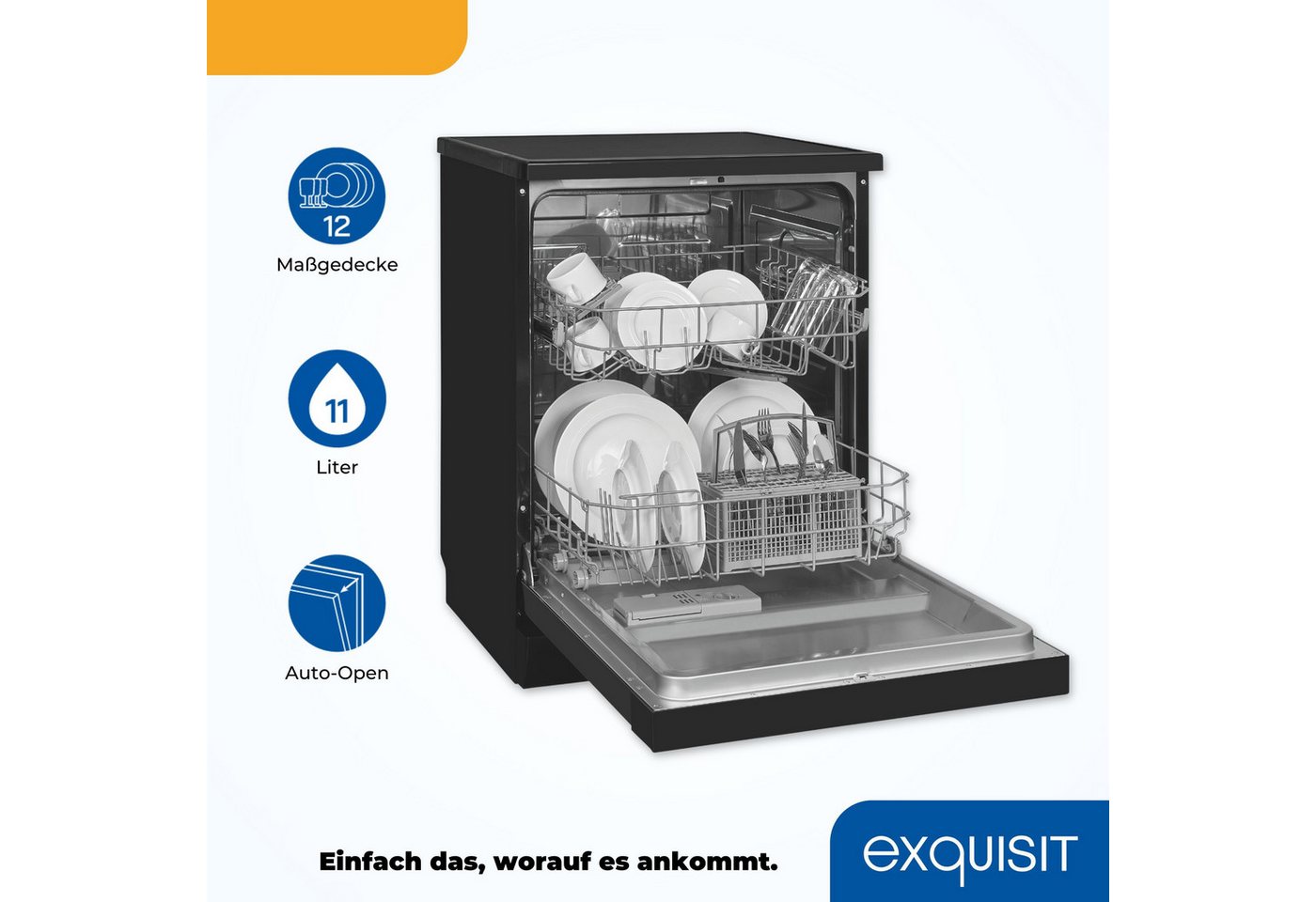 exquisit Standgeschirrspüler GSP6312-030C schwarz, 9,8 l, 12 Maßgedecke, 12 Maßgedecke, 6 Programme, LED, Besteckkorb, Auto Door Open, AquaStop Bild 2