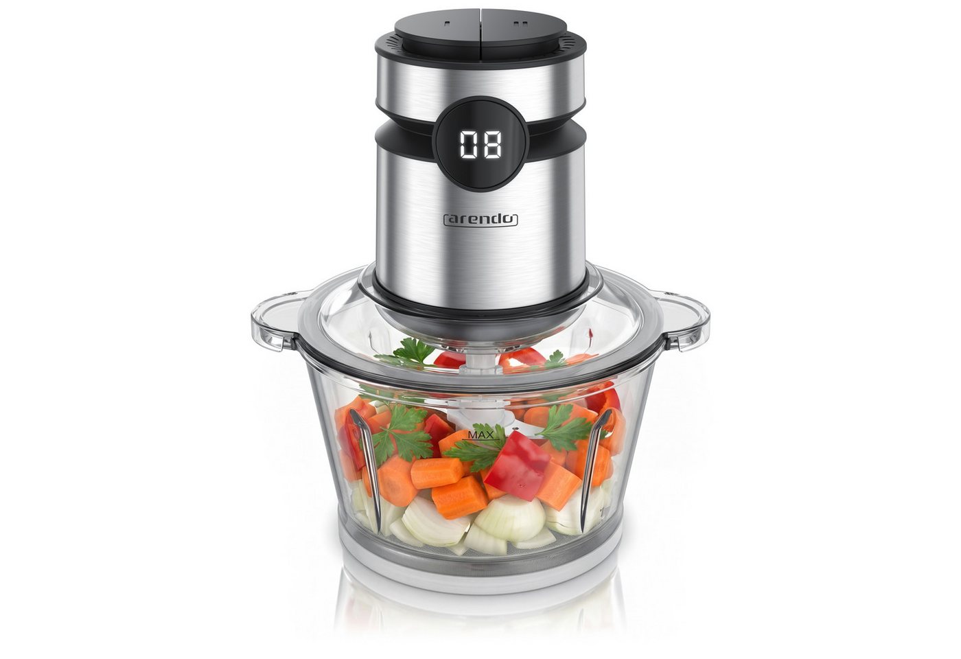 Arendo Zerkleinerer Elektrischer Multizerkleinerer für Zwiebeln, Fleisch, Nüsse & Gemüse, 500 W, Universalzerkleinerer mit 2 L Glasbehälter, Display, Sicherheitssperre