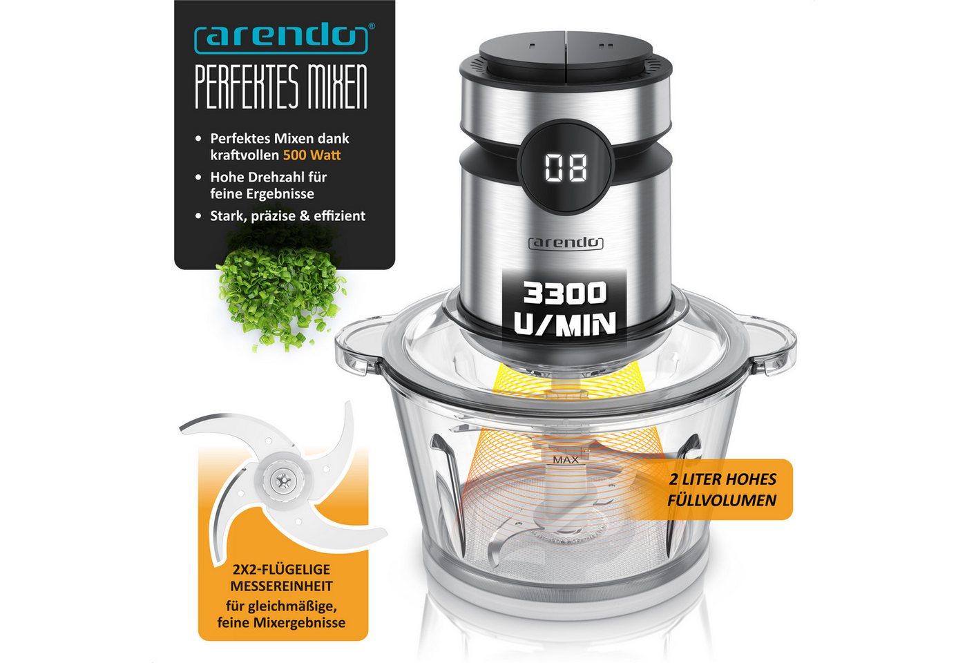 Arendo Zerkleinerer Elektrischer Multizerkleinerer für Zwiebeln, Fleisch, Nüsse & Gemüse, 500 W, Universalzerkleinerer mit 2 L Glasbehälter, Display, Sicherheitssperre Bild 2