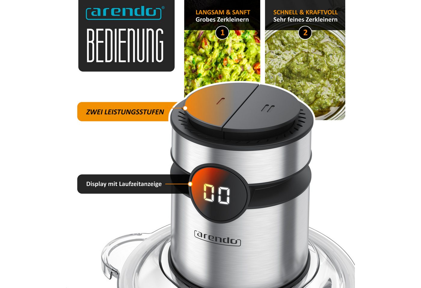 Arendo Zerkleinerer Elektrischer Multizerkleinerer für Zwiebeln, Fleisch, Nüsse & Gemüse, 500 W, Universalzerkleinerer mit 2 L Glasbehälter, Display, Sicherheitssperre Bild 3