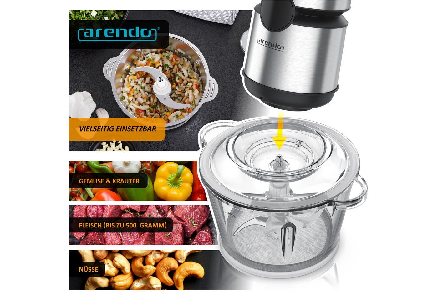 Arendo Zerkleinerer Elektrischer Multizerkleinerer für Zwiebeln, Fleisch, Nüsse & Gemüse, 500 W, Universalzerkleinerer mit 2 L Glasbehälter, Display, Sicherheitssperre Bild 5