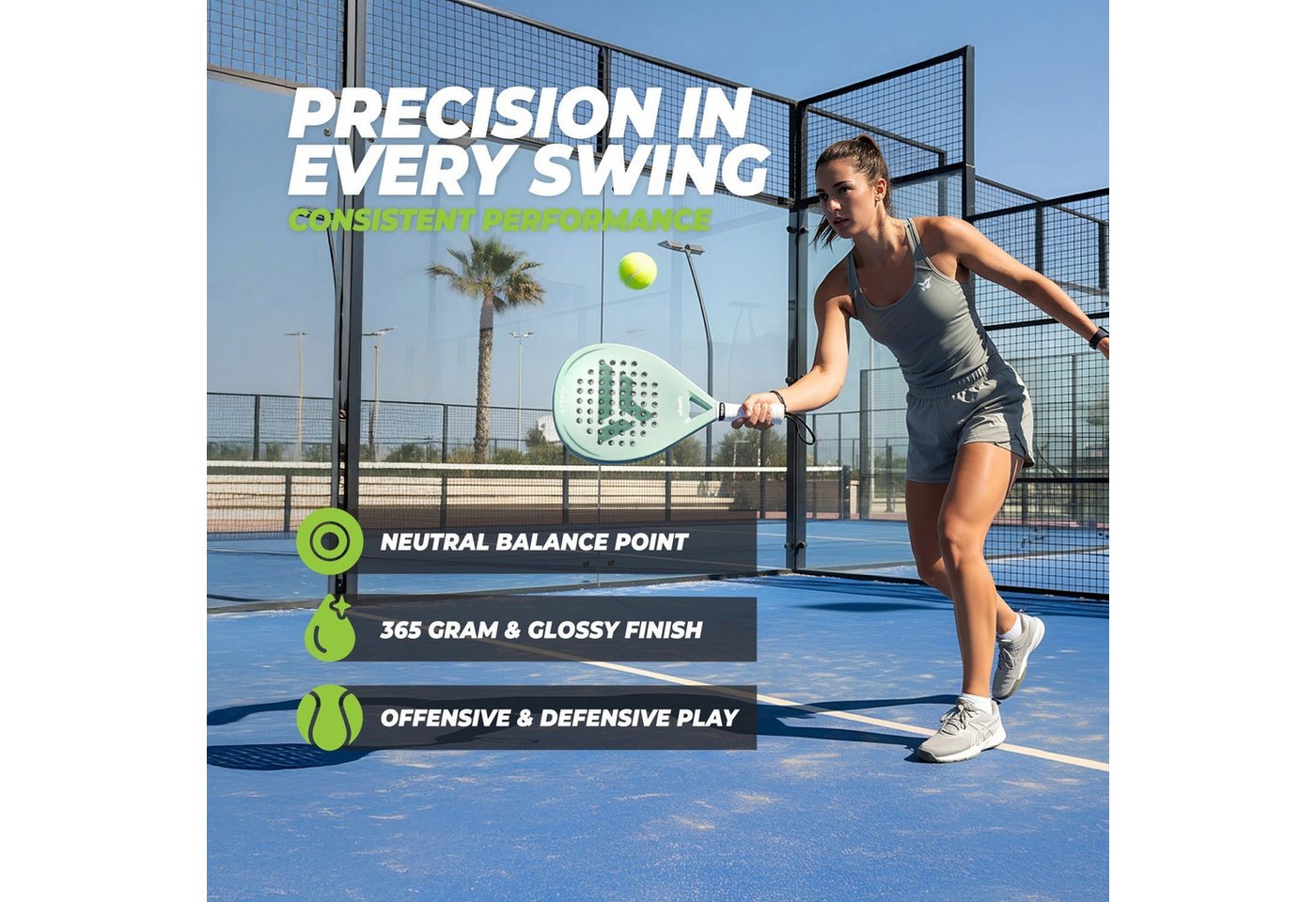 VirtuFit Padelschläger VirtuFit Hybrid Padel Set - Mintgrün - 3 Bälle - Overgrip