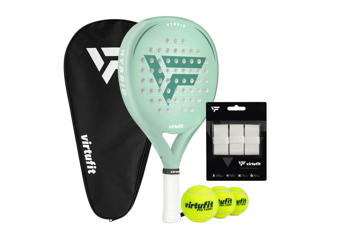 VirtuFit Padelschläger VirtuFit Hybrid Padel Set - Mintgrün - 3 Bälle - Overgrip Bild 3