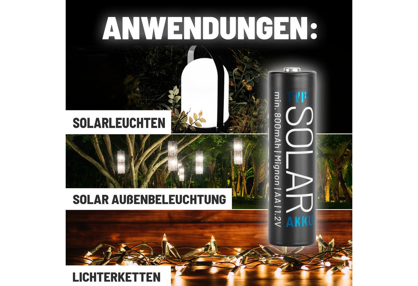 ABSINA 16x Solar Akku AA wiederaufladbar 800mAh 1.2V NiMH - Mignon AA Solar Akku