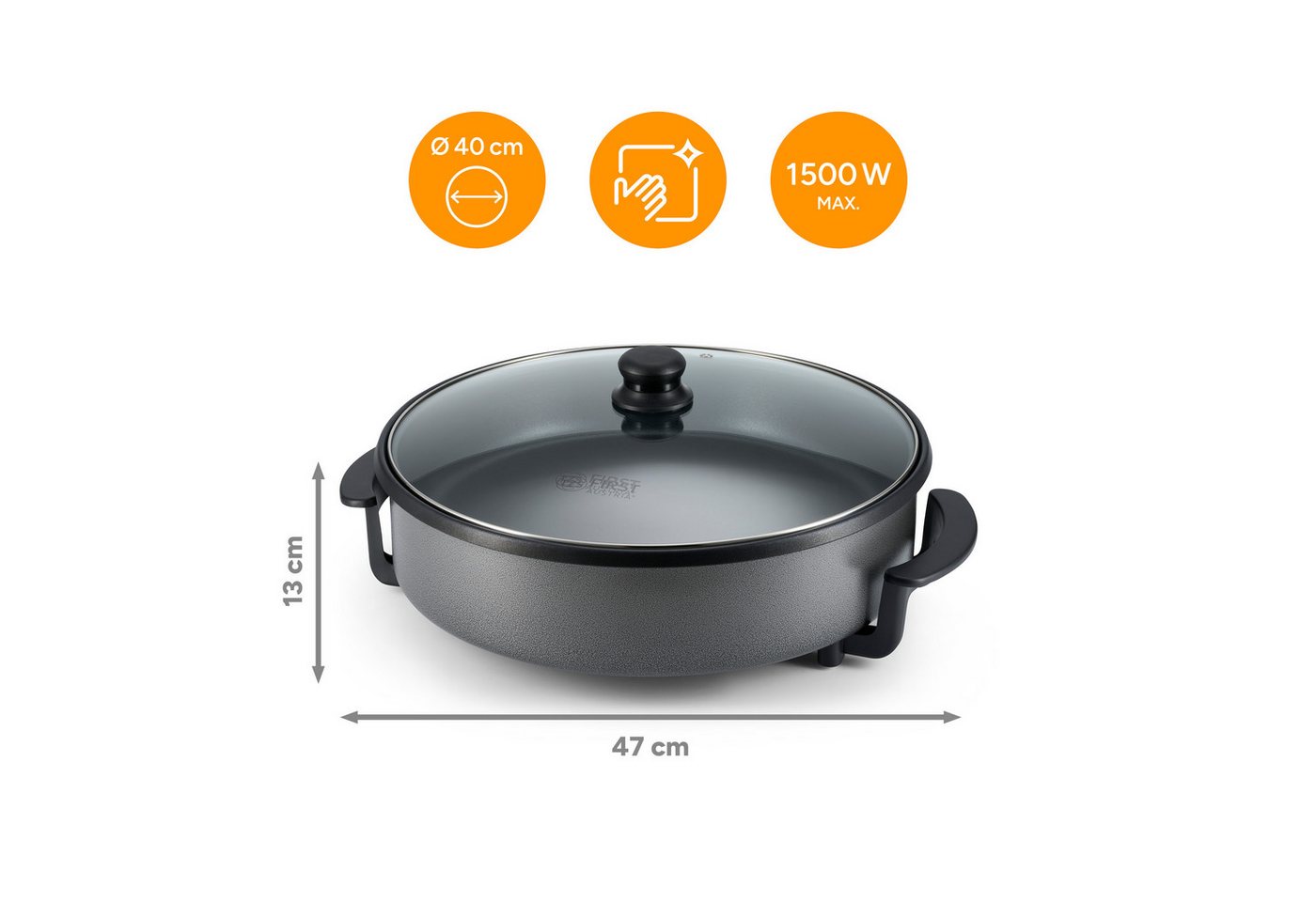 TZS FIRST AUSTRIA Elektrische Multipfanne Ø40cm, 1500W, 5 Temperatureinstellungen, 240°C Thermostat & Glasdeckel, 1500 W, 6,5L, Partyfanne mit Antihaftbeschichtung, Aufheizleuchte