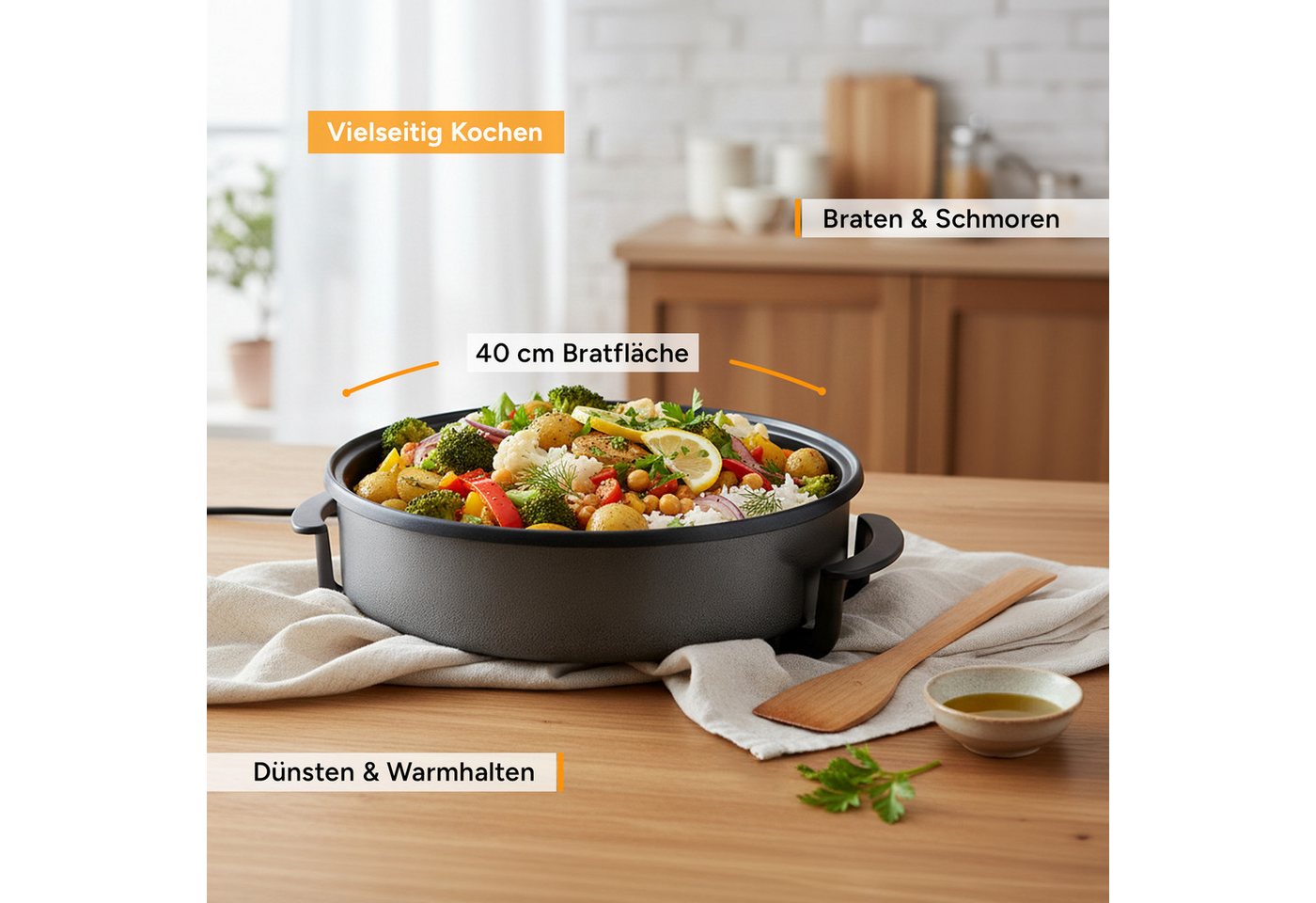 TZS FIRST AUSTRIA Elektrische Multipfanne Ø40cm, 1500W, 5 Temperatureinstellungen, 240°C Thermostat & Glasdeckel, 1500 W, 6,5L, Partyfanne mit Antihaftbeschichtung, Aufheizleuchte Bild 3