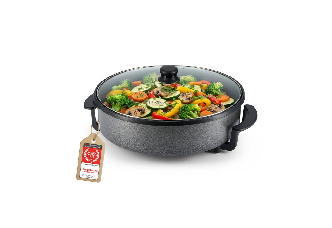 TZS FIRST AUSTRIA Elektrische Multipfanne Ø40cm, 1500W, 5 Temperatureinstellungen, 240°C Thermostat & Glasdeckel, 1500 W, 6,5L, Partyfanne mit Antihaftbeschichtung, Aufheizleuchte Bild 4