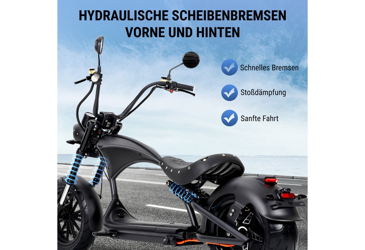 MANGOSTEEN E-Motorroller M1P E-Chopper 2000W, 1800Wh, 80km Reichweite, Retro-Elektro-Scooter, 2000 W, 45 km/h, Straßenzugelassener E-Chopper für Stadt & Freizeit, & 200kg Zuladung Bild 2