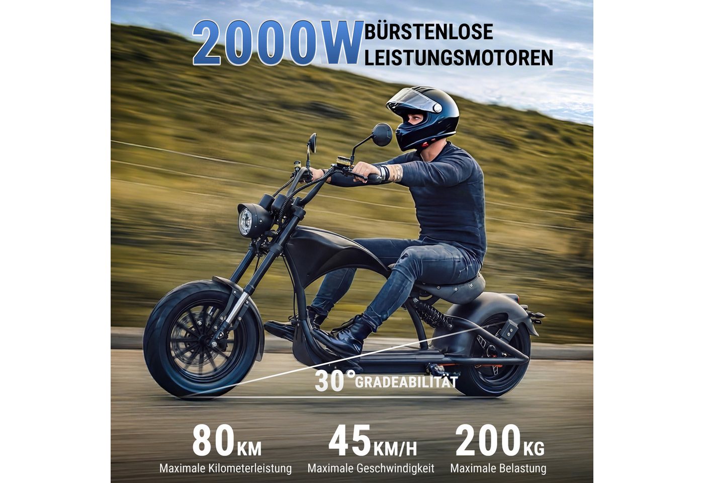 MANGOSTEEN E-Motorroller M1P E-Chopper 2000W, 1800Wh, 80km Reichweite, Retro-Elektro-Scooter, 2000 W, 45 km/h, Straßenzugelassener E-Chopper für Stadt & Freizeit, & 200kg Zuladung Bild 3
