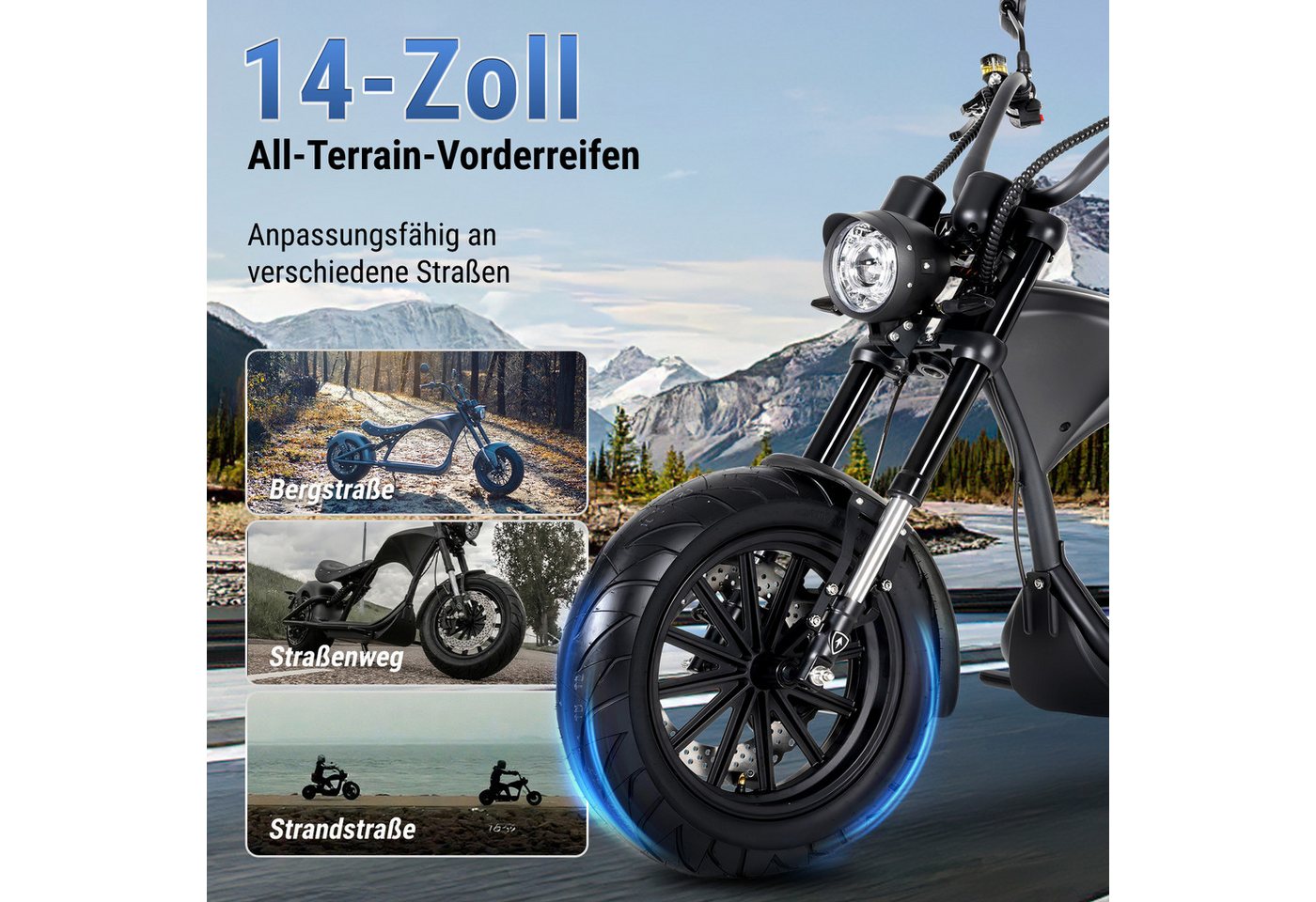 MANGOSTEEN E-Motorroller M1P E-Chopper 2000W, 1800Wh, 80km Reichweite, Retro-Elektro-Scooter, 2000 W, 45 km/h, Straßenzugelassener E-Chopper für Stadt & Freizeit, & 200kg Zuladung Bild 5