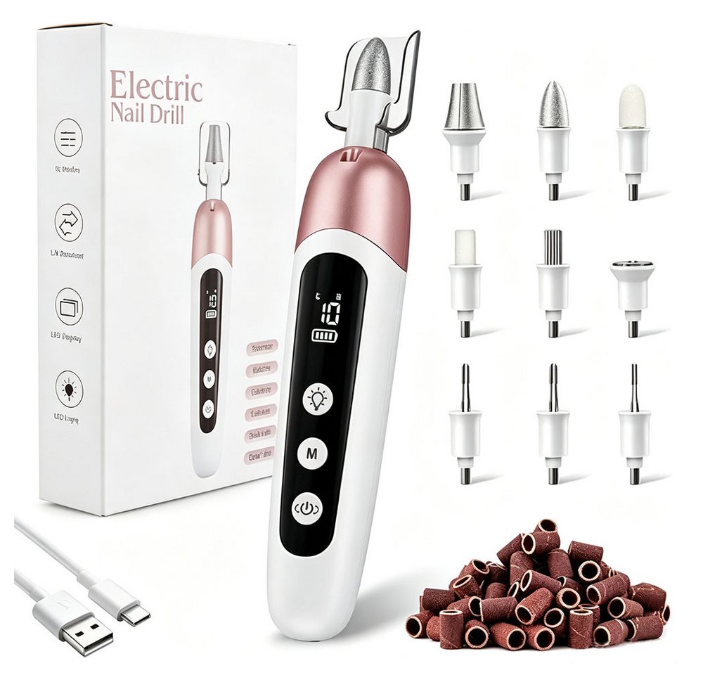TUWENA Maniküre-Pediküre-Set Maniküre/Pediküre Set,Nagelfräser,Kabellos Akku Elektrische Nagelfeile, 9 Aufsätze Nagelfräser für Gelnägel mit 10 Geschwindigkeiten und Licht Bild 2