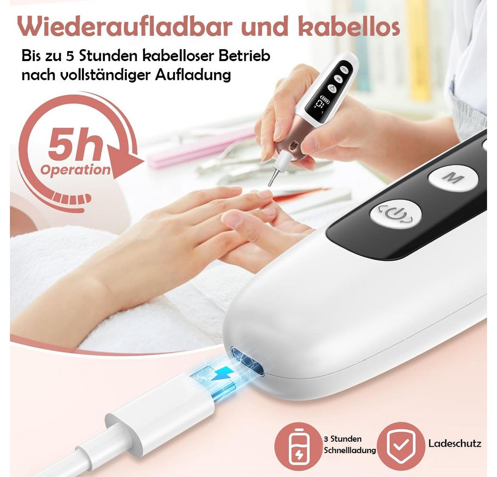 TUWENA Maniküre-Pediküre-Set Maniküre/Pediküre Set,Nagelfräser,Kabellos Akku Elektrische Nagelfeile, 9 Aufsätze Nagelfräser für Gelnägel mit 10 Geschwindigkeiten und Licht Bild 3