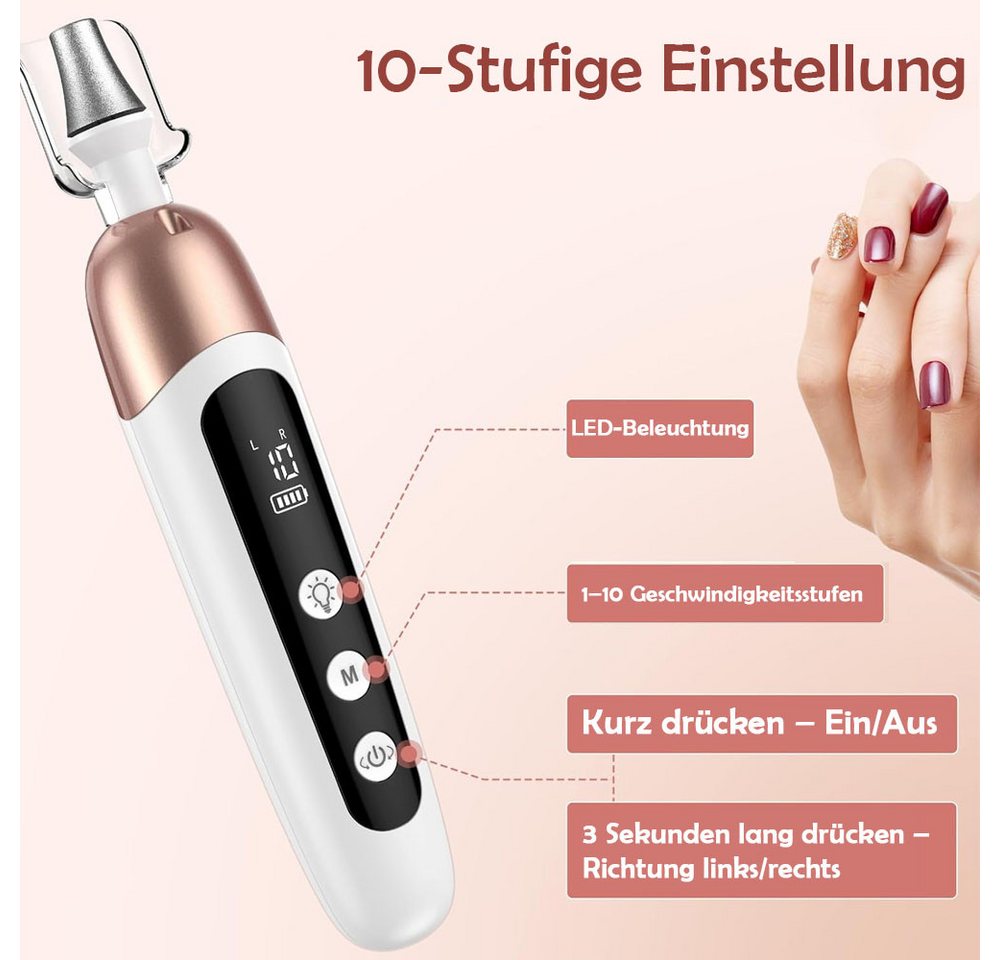TUWENA Maniküre-Pediküre-Set Maniküre/Pediküre Set,Nagelfräser,Kabellos Akku Elektrische Nagelfeile, 9 Aufsätze Nagelfräser für Gelnägel mit 10 Geschwindigkeiten und Licht Bild 4