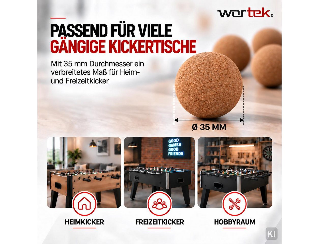 wortek Kickertisch Kork Kickerbälle für Tischfußball Ø 35mm, Tischkicker Zubehör Tischfußball, leiser als Kunststoff Bild 2