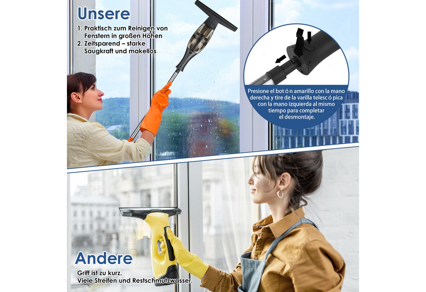 TLGREEN Fenstersauger Akku Fenstersauger mit Teleskopstiel, Sprühflasche mit Mikrofaserbezug
