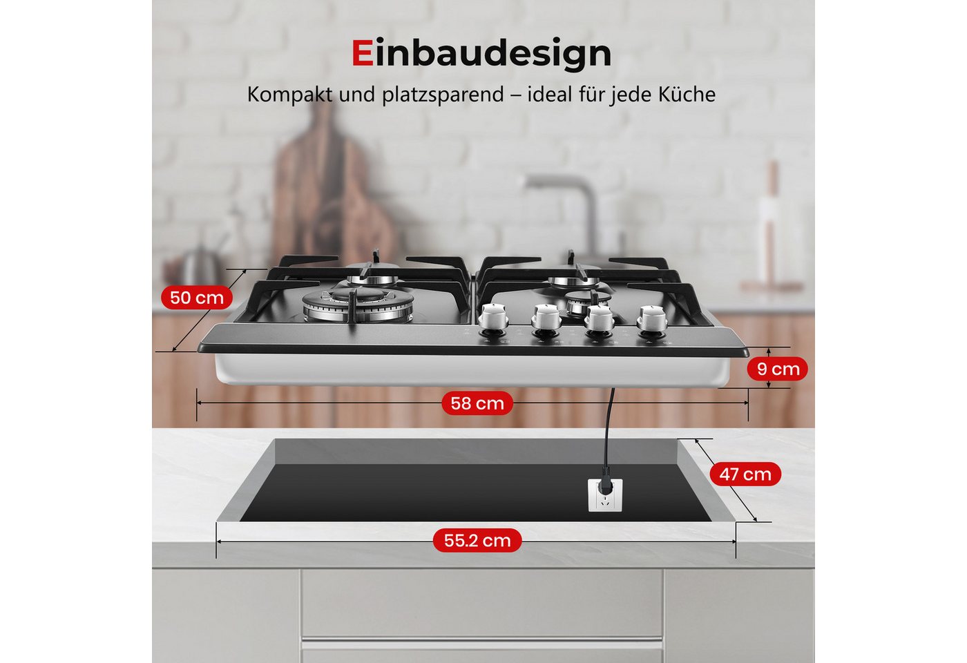 SNDOAS Gas-Kochfeld, mit Flammenschutz, Erdgas & Propangas, Einbau/freistehend, 220–240V Bild 4
