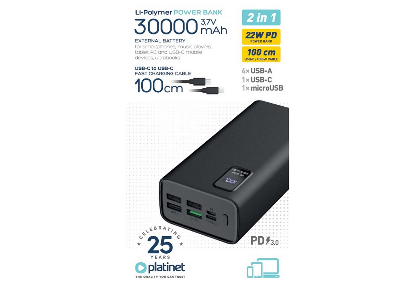 Platinet 30000 mAh Power Bank mit Schnellladung und USB Type C Powerbank