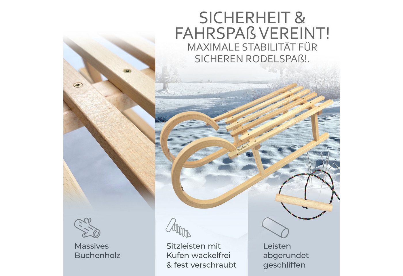 BambiniWelt by Rafael K. Schlitten Hörnerrodel CE-Holzschlitten Hornschlitten mit Zugseil