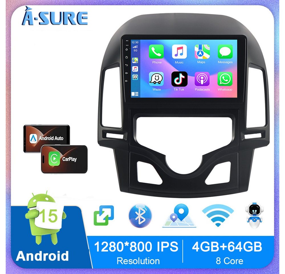 A-Sure 9Zoll Wireless Carplay Android 15 Für FM BT Hyundai i30 MK1 FD 2006-11 Autoradio (Digitalradio (DAB), 8-Core CPU, RDS, DSP, GPS, SWC, Navi, UI Theme, Siri, Mirrorlink, Google play, Netflix, Youtube, Calendar, TikTok) Bild 4