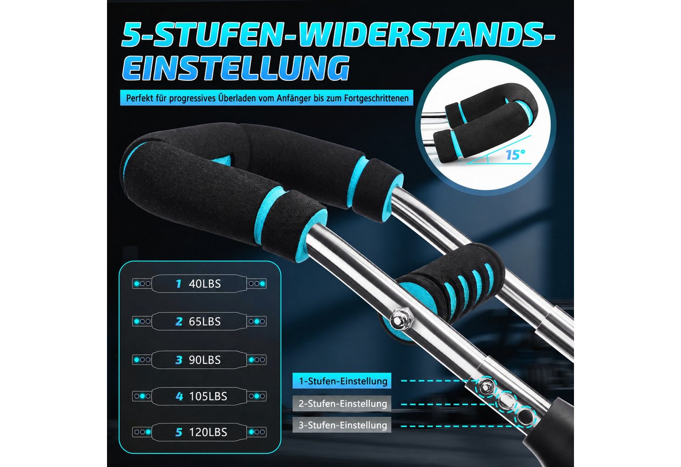 Wootoy Multitrainer Armtrainer mit Verstellbar 40–120 lb Brusttrainer Handmuskeltrainer, (Widerstand von ca. 18–54 kg, in 5 Stufen einstellbar, 1-St., Handmuskeltrainer Unterarm- und Griffkrafttrainer für Zuhause), Geeignet für gezieltes Kraft- und Widerstandstraining Bild 4
