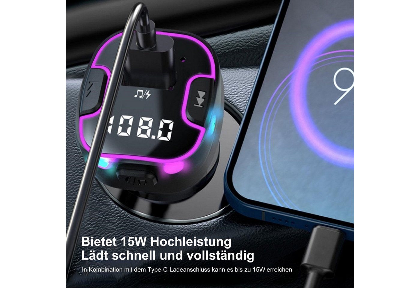 neue dawn Auto Ladegerät KFZ Zigarettenanzünder USB C FM Transmitter Bluetooth KFZ-Netzteil (15W Schnell Ladegerät, FM Transmitter, Bluetooth 5.3, USB-C,USB A)