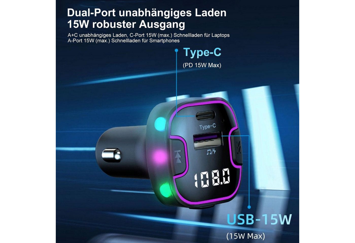 neue dawn Auto Ladegerät KFZ Zigarettenanzünder USB C FM Transmitter Bluetooth KFZ-Netzteil (15W Schnell Ladegerät, FM Transmitter, Bluetooth 5.3, USB-C,USB A) Bild 2