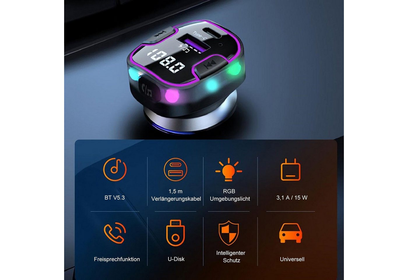 neue dawn Auto Ladegerät KFZ Zigarettenanzünder USB C FM Transmitter Bluetooth KFZ-Netzteil (15W Schnell Ladegerät, FM Transmitter, Bluetooth 5.3, USB-C,USB A) Bild 3
