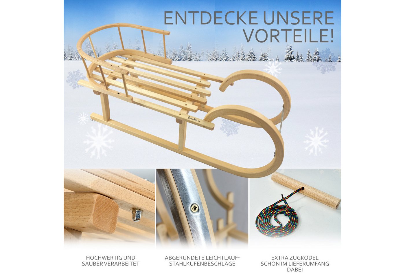 BambiniWelt by Rafael K. Schlitten CE-Hörnerrodel CE-Holzschlitten Hornschlitten mit Rückenlehne + Seil Bild 2