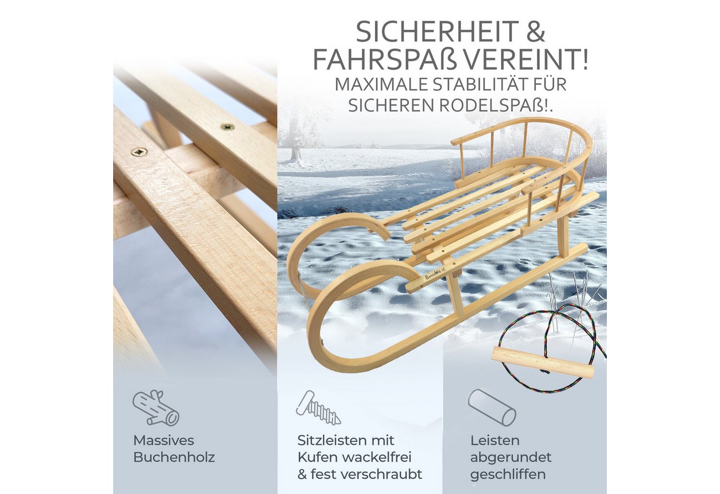 BambiniWelt by Rafael K. Schlitten CE-Hörnerrodel CE-Holzschlitten Hornschlitten mit Rückenlehne + Seil Bild 4