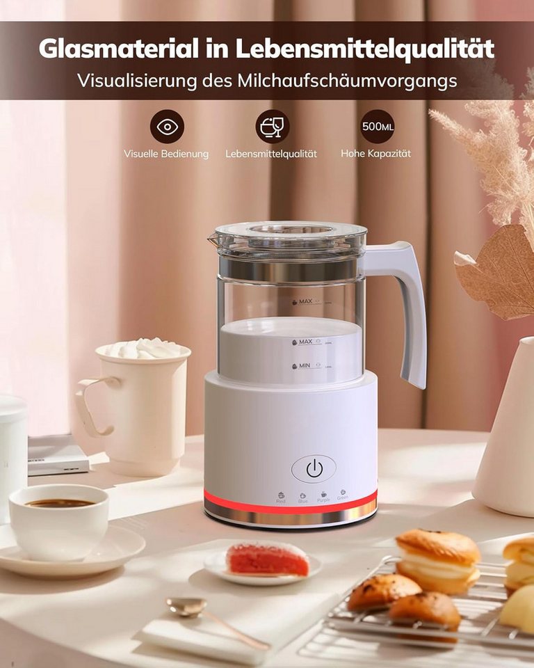 TWUFY Milchaufschäumer mit 500 ml Glas Behälter, elektrisch, für heißen & kalten Milchschaum, 600 W, für Cappuccino Latte Macchiato heiße Schokolade uvm Bild 5