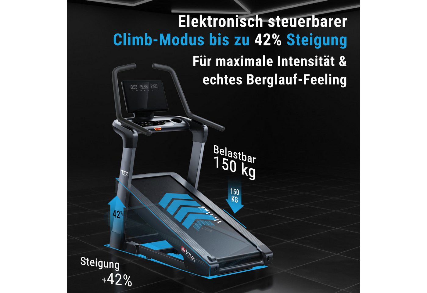 AsVIVA Laufband T23 Pro Climb Laufband, 42 % Steigung, 18,8 km/h, 7 PS, bis 150 kg, bis 42 % Steigung, 7 PS Motor, 18,8 km/h, USB, Bluetooth