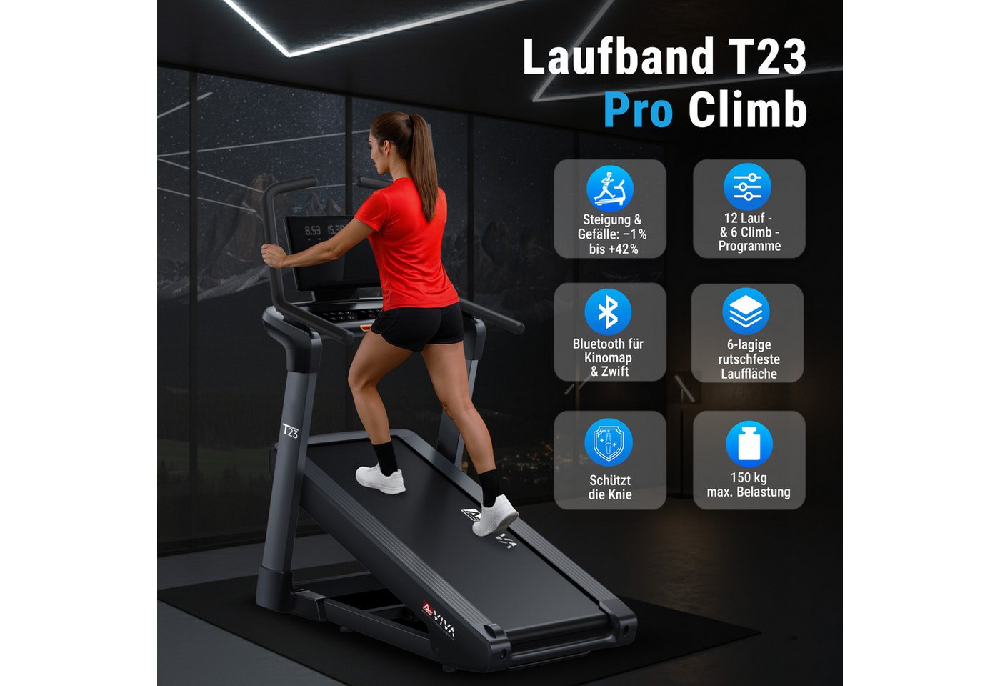 AsVIVA Laufband T23 Pro Climb Laufband, 42 % Steigung, 18,8 km/h, 7 PS, bis 150 kg, bis 42 % Steigung, 7 PS Motor, 18,8 km/h, USB, Bluetooth Bild 3
