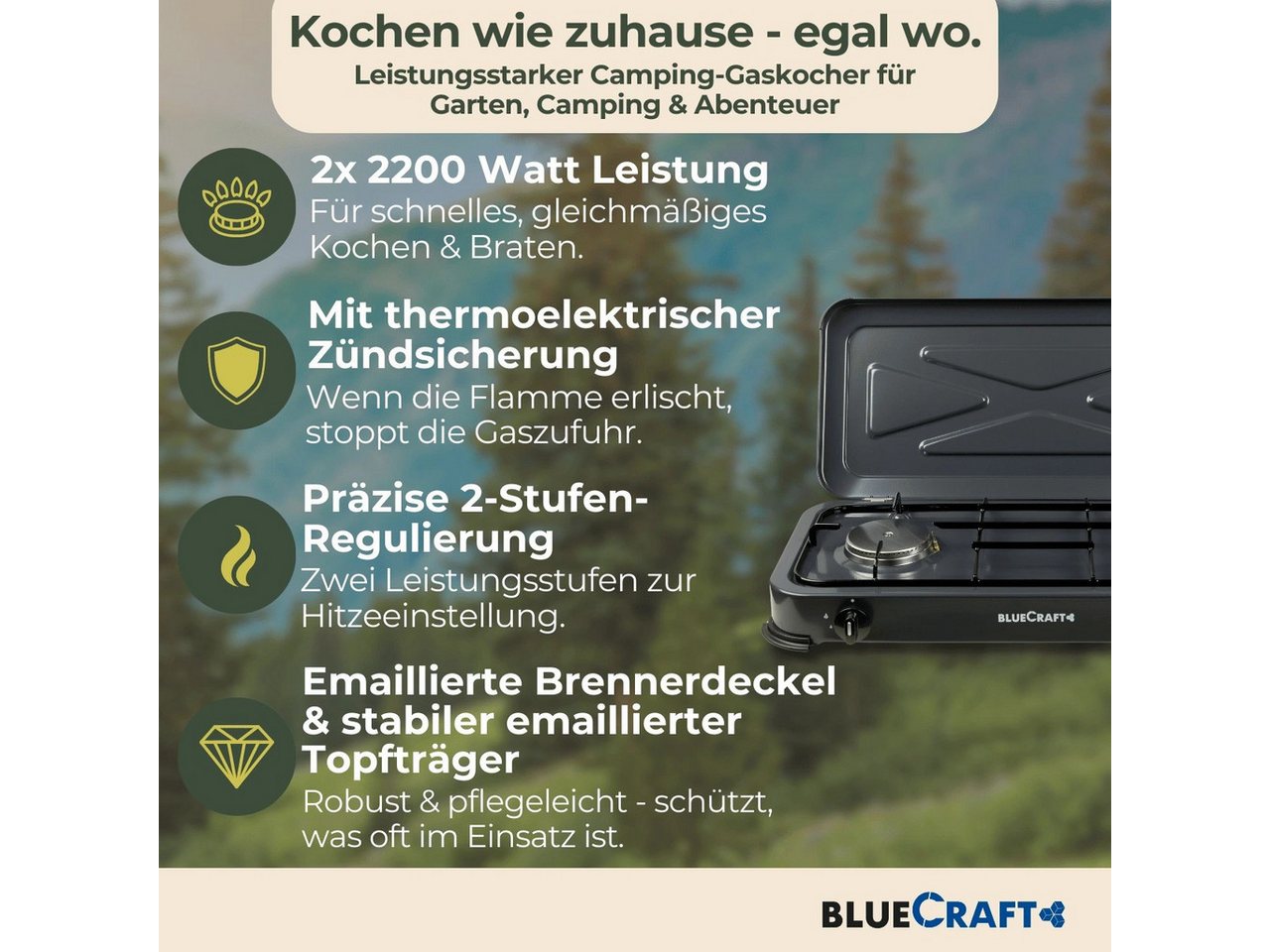 BlueCraft Gaskocher 2 flammig mit Zündsicherung 50mbar Propan Gas Campingkocher 4,4 kW, (Set), Camping Gas Kocher 2 flammen für Gasflasche Gasherd Gas-Kochfeld