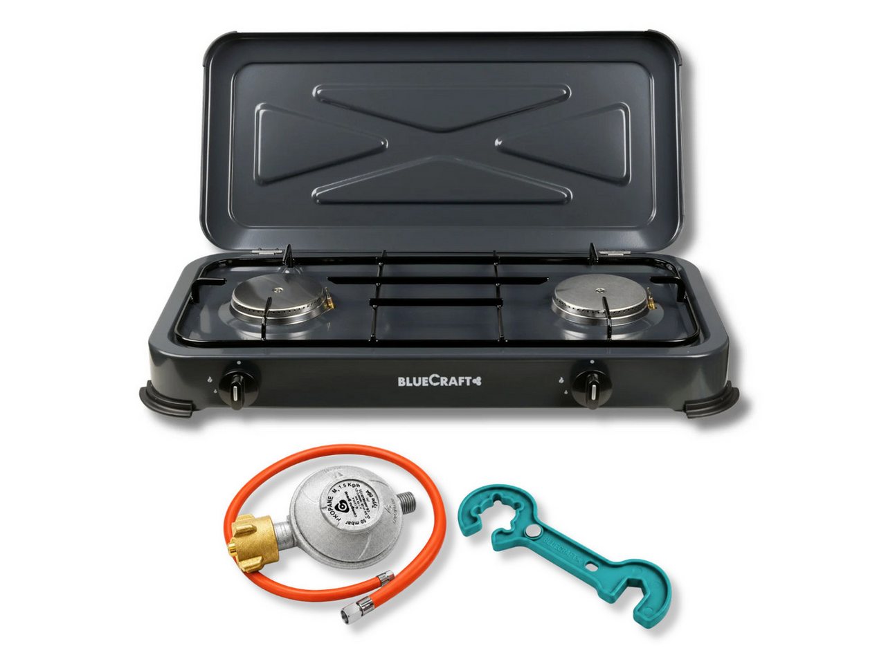 BlueCraft Gaskocher 2 flammig mit Zündsicherung 50mbar Propan Gas Campingkocher 4,4 kW, (Set), Camping Gas Kocher 2 flammen für Gasflasche Gasherd Gas-Kochfeld Bild 2