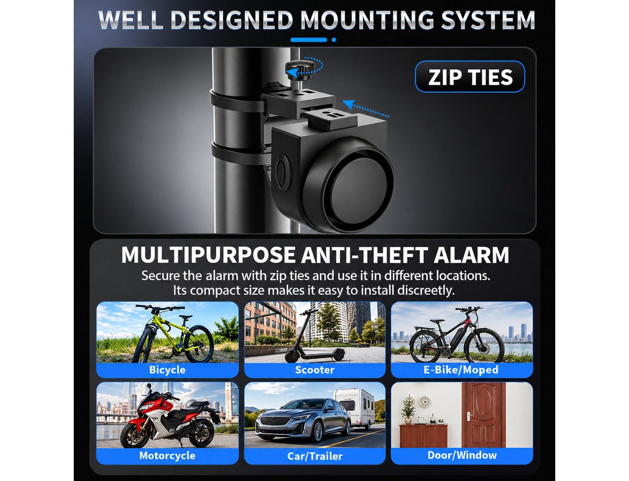 Fyrove Alarmschloss 113dB Bicycle Alarm System,Wireless Anti-Theft,Vibration,Motion Sensor (Waterproof, Motorcycle Alarm with Remote Control, Window/Door Burglar Alarm)