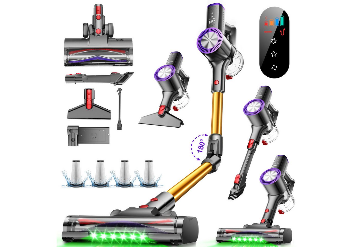 Hiazurm Akku-Hand-und Stielstaubsauger 75000Pa Akku Staubsauger,70Min Staubsauger Kabellos, 180° Flexibles Biegegelenk,OLED Display Staubsauger für Tierhaare,Teppich und Hartboden, GreenEye-Technologie Akkustaubsauger, Selbststehendes Design Bild 3