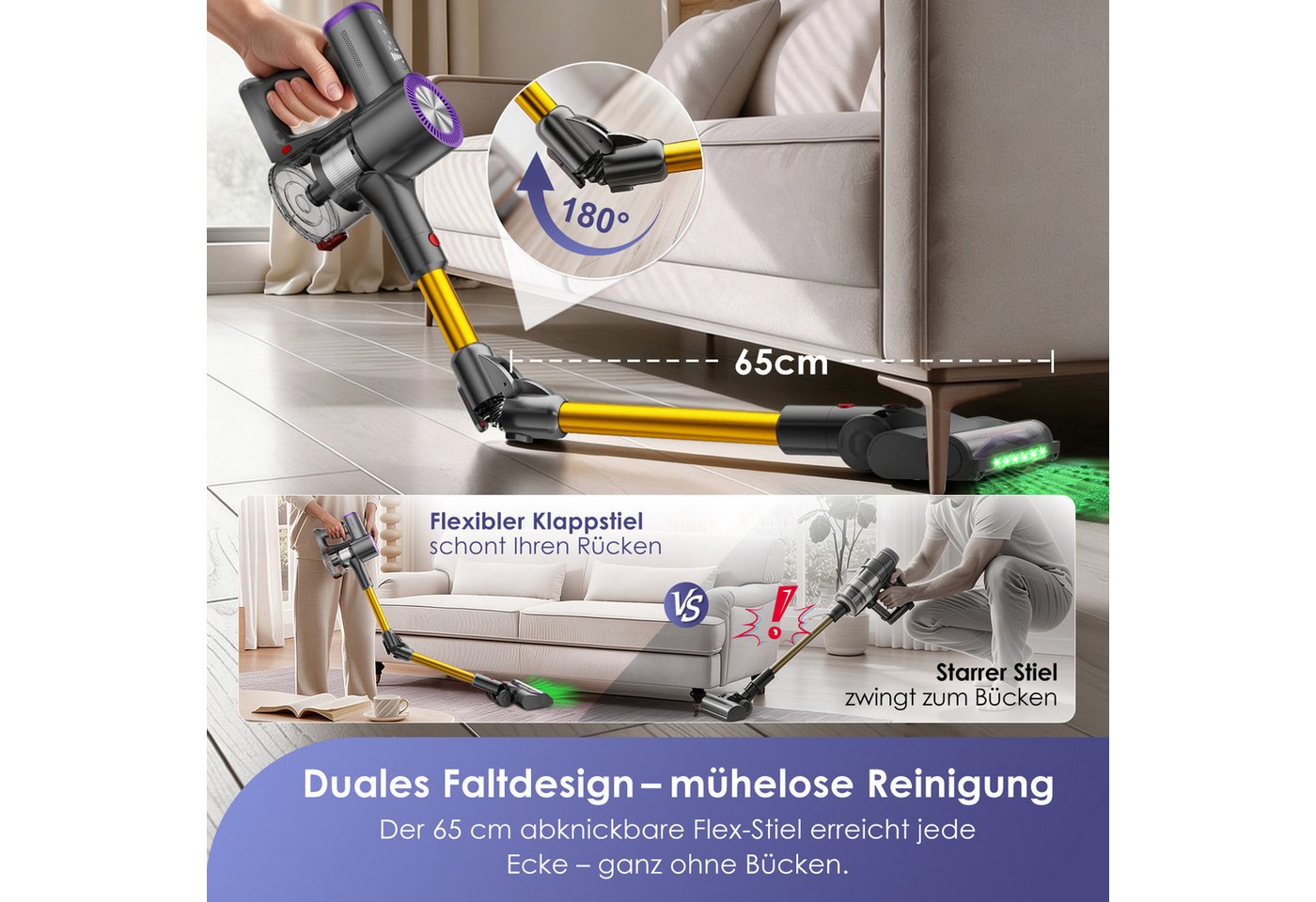 Hiazurm Akku-Hand-und Stielstaubsauger 75000Pa Akku Staubsauger,70Min Staubsauger Kabellos, 180° Flexibles Biegegelenk,OLED Display Staubsauger für Tierhaare,Teppich und Hartboden, GreenEye-Technologie Akkustaubsauger, Selbststehendes Design Bild 4