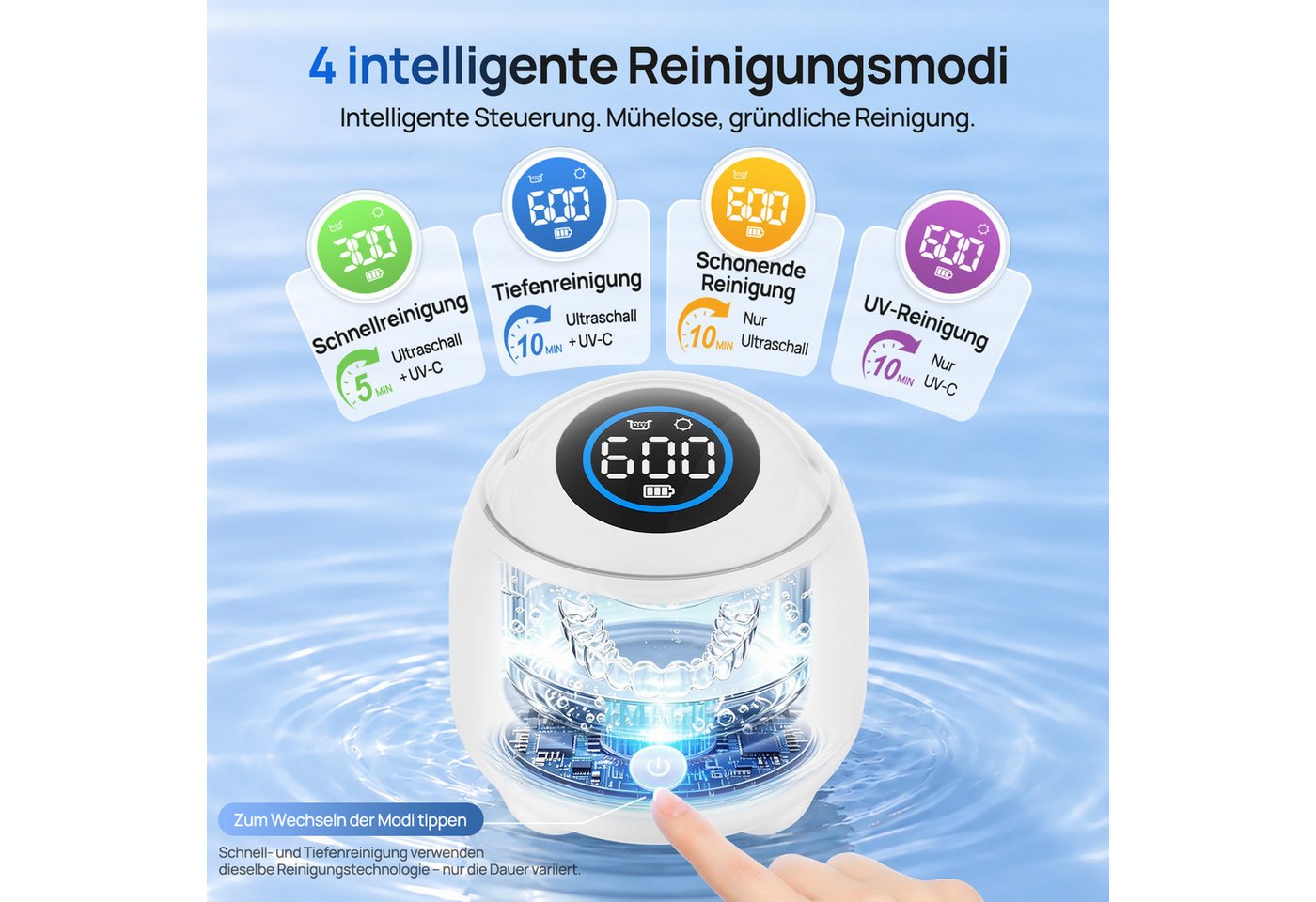 MCURO Ultraschallreiniger Ultraschallreinigungsgerät Zahnschiene 48000Hz 4 UV 254nm, 200ml Tank, 4 Modi 360° Tiefenreinigung, 6 Tabs, kompakt für Zuhause, Büro &Reisen Bild 2